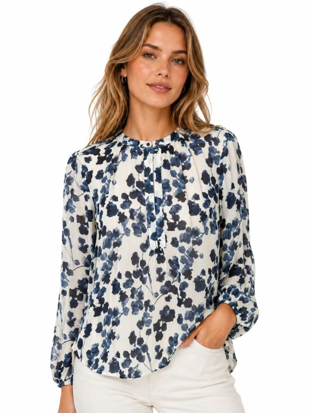 Joie NWT Women's 100% Silk Amaral Blouse Sheer Blue Floral Long Sleeve Size XS